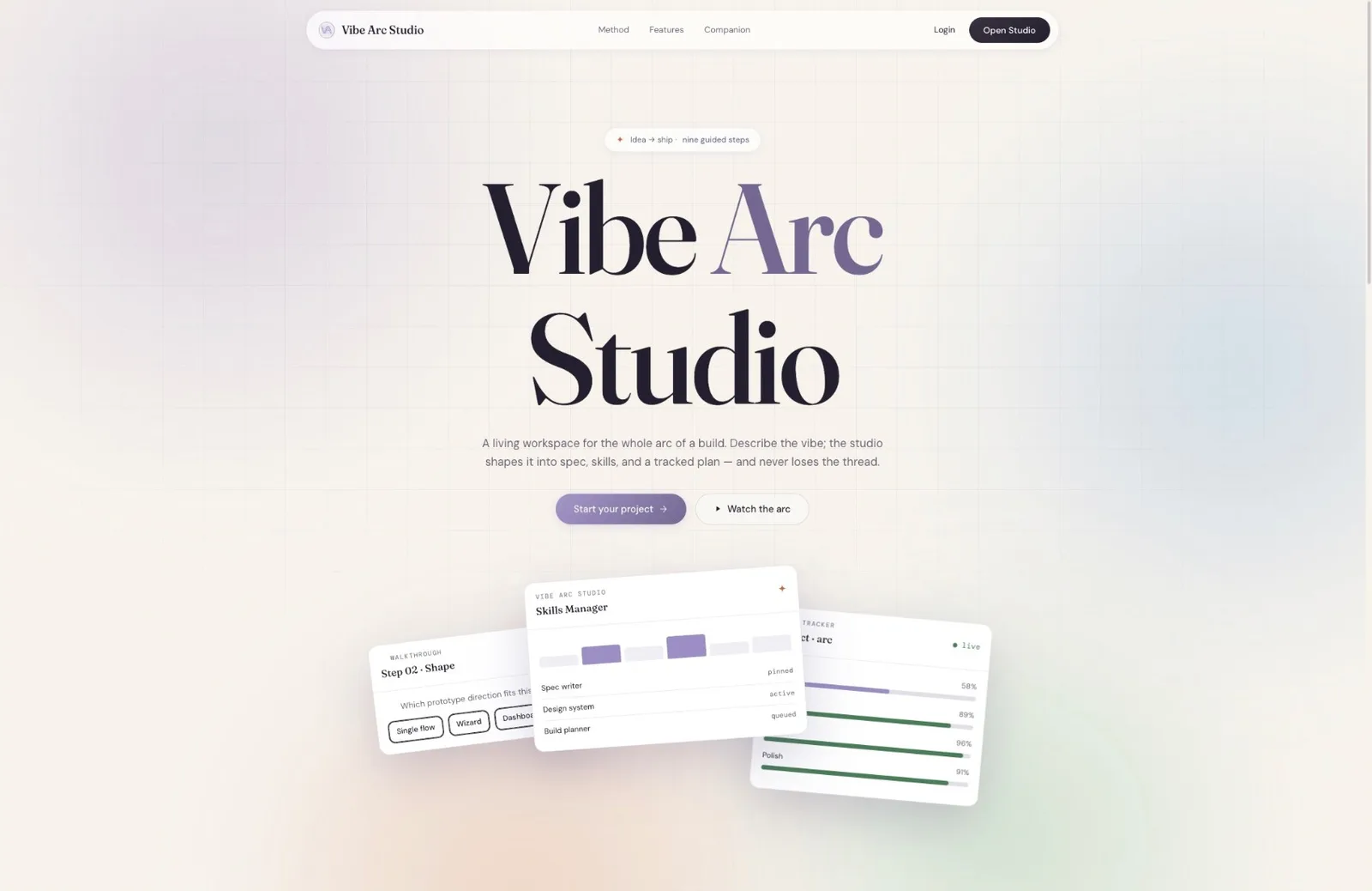 The Vibe Arc Studio landing page: the name in large serif type above three cards showing a walkthrough step, the skills manager and a build tracker.