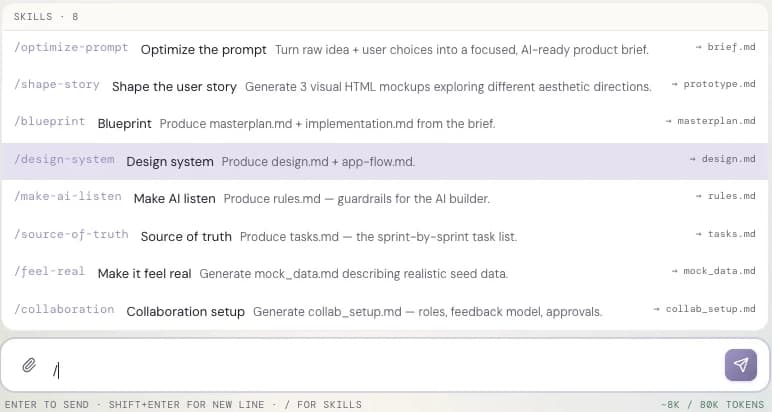 The Studio chat with its skills menu open, listing the method's steps as slash commands, each with the file it produces, such as brief.md, masterplan.md and design.md.